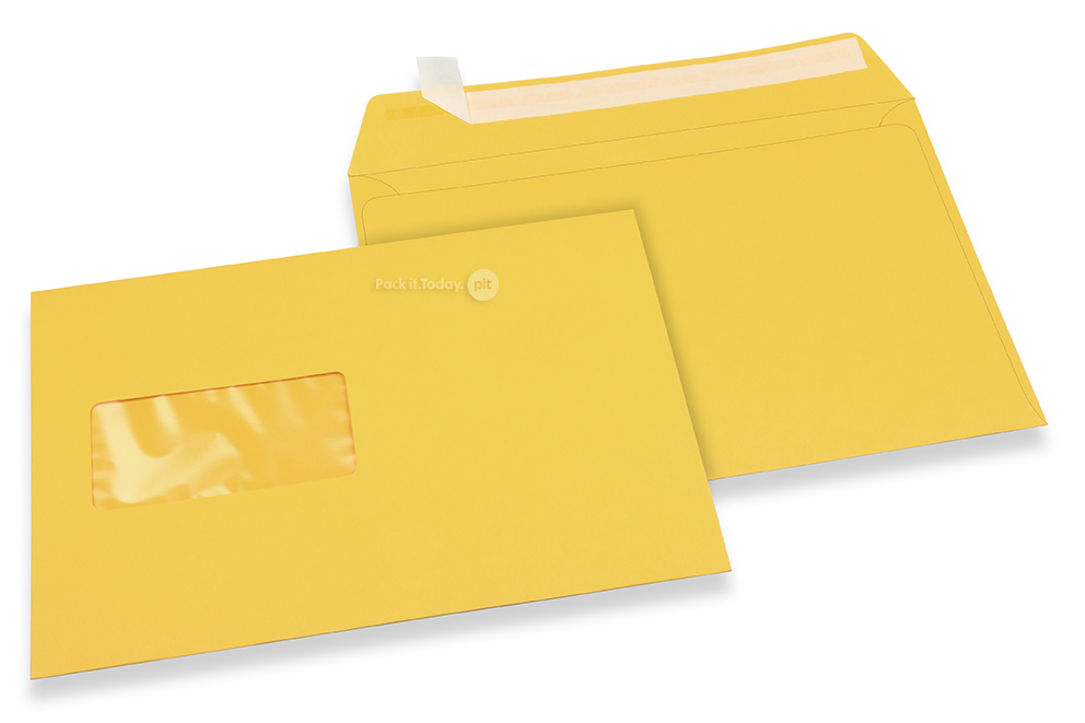 Sonnenblumengelb, Fenstercouverts farbig, 162 x 229 mm (A5), Fenster links, Fensterformat 45 x 90 mm, Fensterposition 20 mm von links / 60 mm von unten, Haftklebeverschluss, 120 gr farbiges Papier