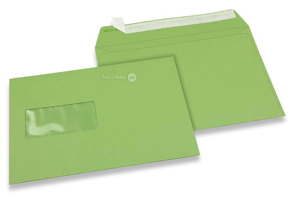 Apfelgrün, Fenstercouverts farbig, 162 x 229 mm (A5), Fenster links, Fensterformat 45 x 90 mm, Fensterposition 20 mm von links / 60 mm von unten, Haftklebeverschluss, 120 gr farbiges Papier