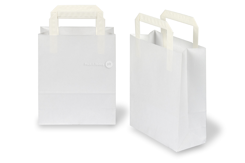 Tragetaschen aus Papier mit flachen Trageriemen - weiß, 180 x 80 x 220 mm