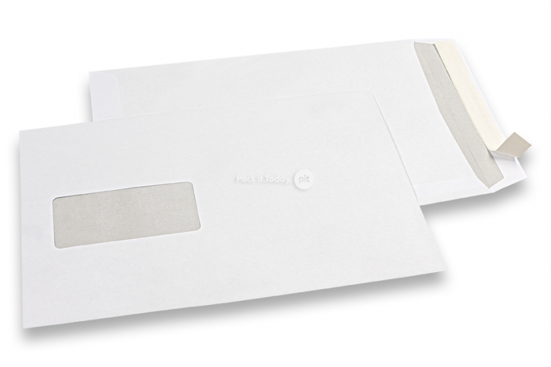 Enveloppes blanches standards, 176 x 250 mm, papier 90 gr, fenêtre à gauche 45 x 90 mm, position de la fenêtre à 20 mm du gauche et à 60 mm du bas, fermeture avec bande adhésive