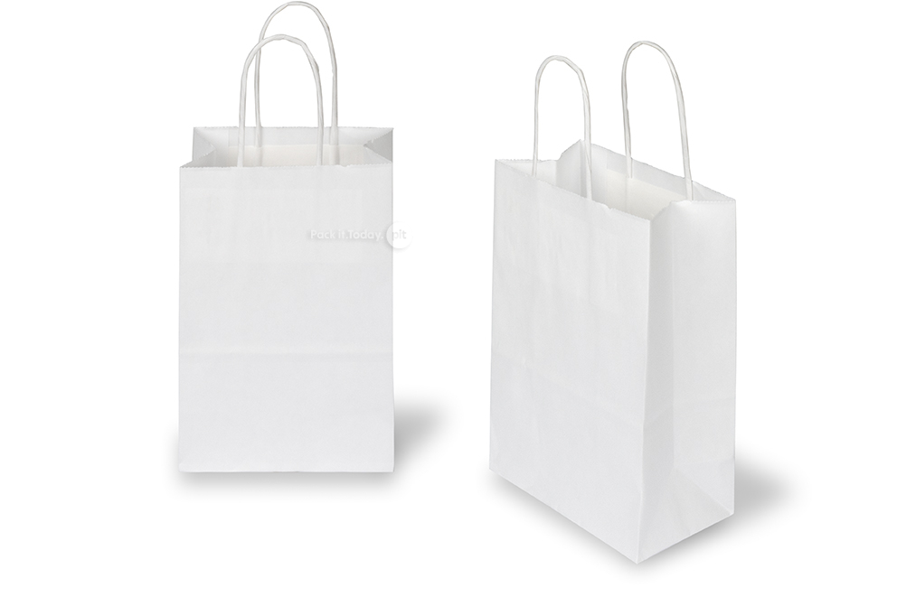 Tragetaschen aus Papier mit gedrehten Papierkordeln - weiß, 140 x 80 x 210 mm, 90 Gramm
