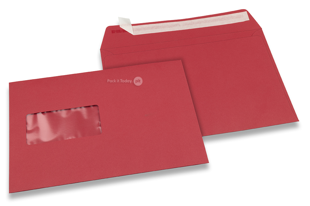 Rot, Fenstercouverts farbig, 162 x 229 mm (A5), Fenster links, Fensterformat 45 x 90 mm, Fensterposition 20 mm von links / 60 mm von unten, Haftklebeverschluss, 120 gr farbiges Papier