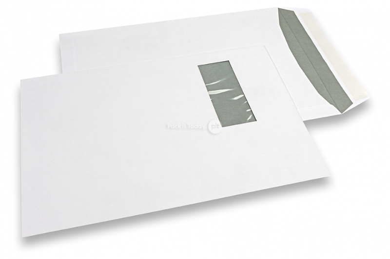 Fenstercouverts, Weiss, 240 x 340 mm (EC4), Fenster links 45 x 110 mm, Fensterposition 25 mm von links und 70 mm von oben, haftklebeverschluß, 120 Gramm