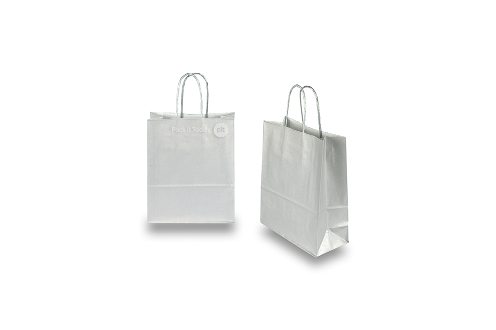 Tragetaschen aus Papier mit gedrehten Papierkordeln - silber, 180 x 80 x 220 mm, 90 Gramm