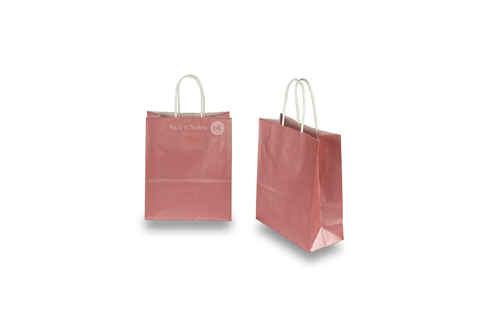 Tragetaschen aus Papier mit gedrehten Papierkordeln - rosa metallic, 180 x 80 x 220 mm, 90 Gram