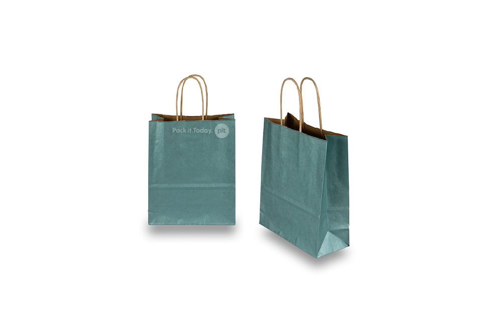 Sacs papier kraft avec anses rondes - bleu pétrole métallisé, 180 x 80 x 220 mm, 90 gr