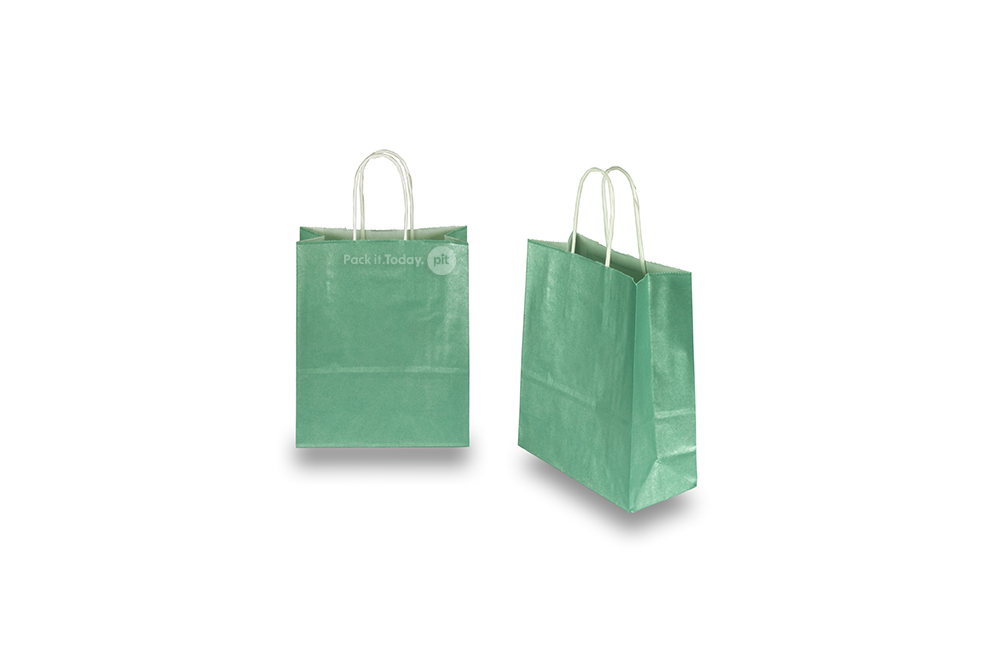 Tragetaschen aus Papier mit gedrehten Papierkordeln - grün metallic, 180 x 80 x 220 mm, 90 Gramm