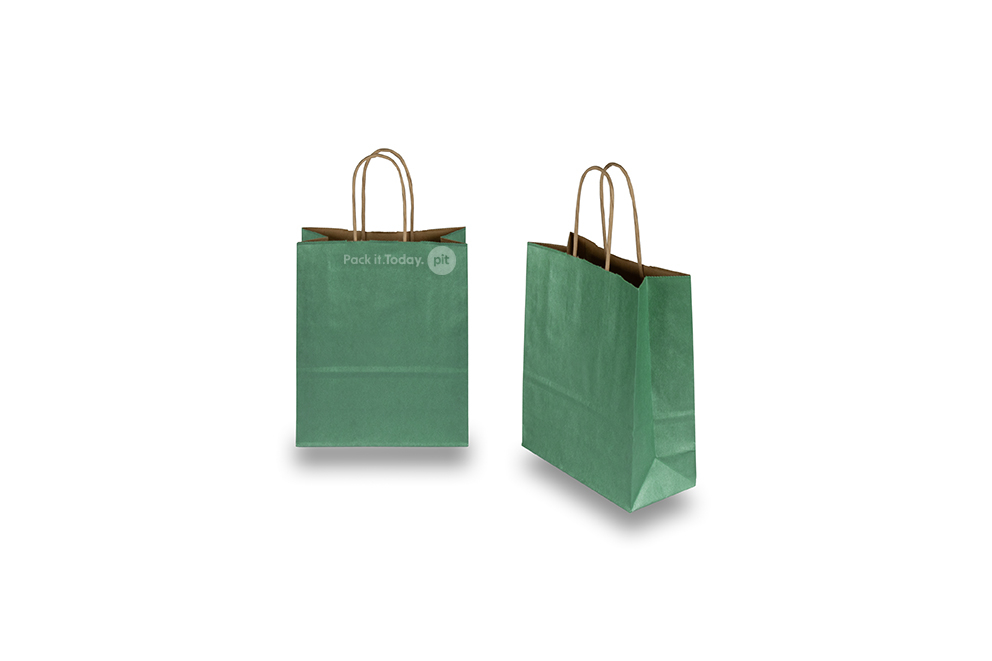 Tragetaschen aus Papier mit gedrehten Papierkordeln - dunkelgrün metallic, 180 x 80 x 220 mm, 90 Gramm