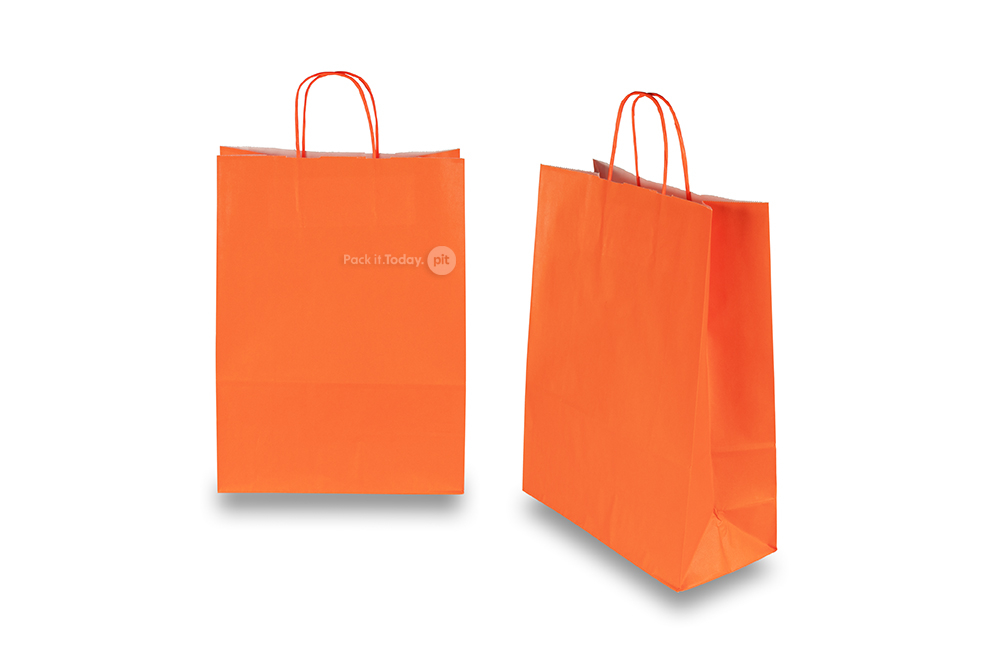 Tragetaschen aus Papier mit gedrehten Papierkordeln - orange, 260 x 120 x 350 mm, 90 Gramm
