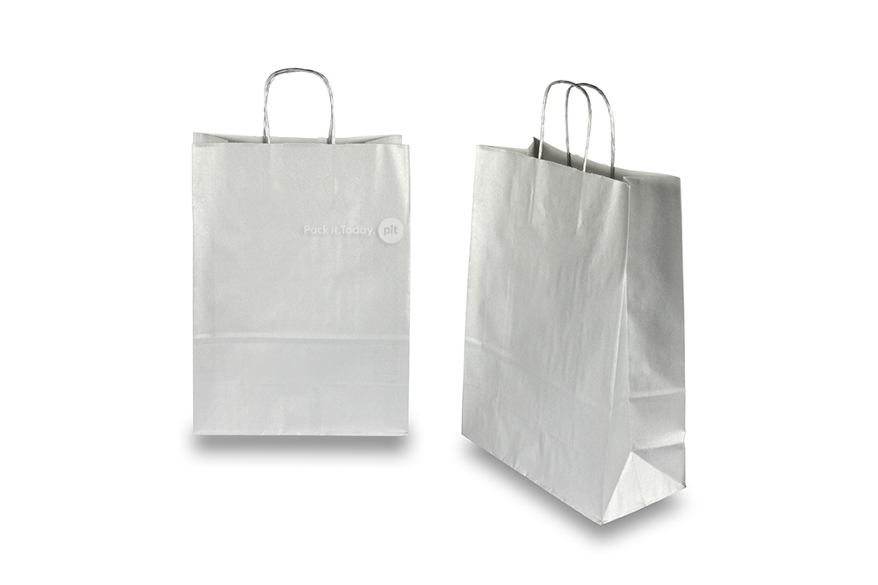 Sacs papier kraft avec anses rondes - argent, 260 x 120 x 350 mm, 90 gr