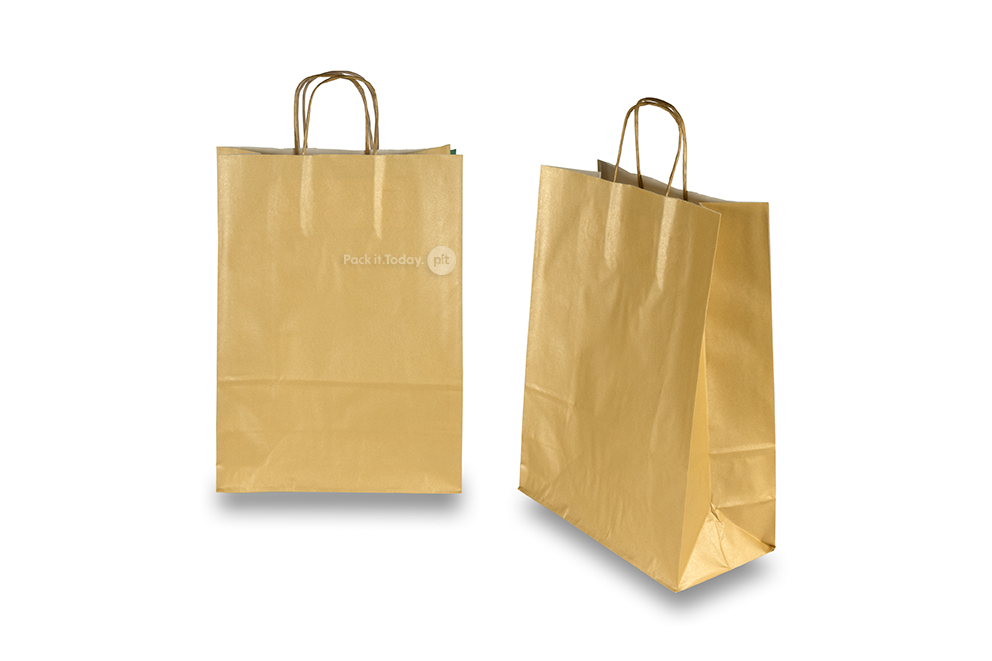 Tragetaschen aus Papier mit gedrehten Papierkordeln - gold, 260 x 120 x 350 mm, 90 Gramm