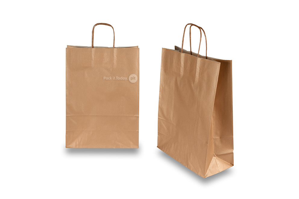 Tragetaschen aus Papier mit gedrehten Papierkordeln - messing, 260 x 120 x 350 mm, 90 Gramm