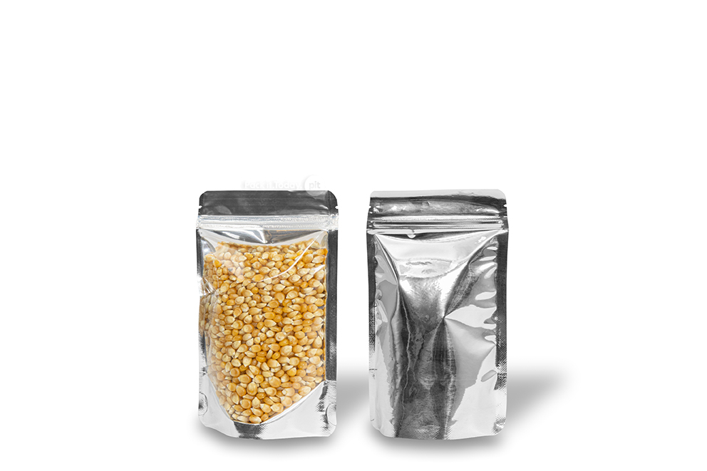 Sachets stand-up métalliques transparents - argent métallisé, 110 x 185 x 70 mm - 250 ml